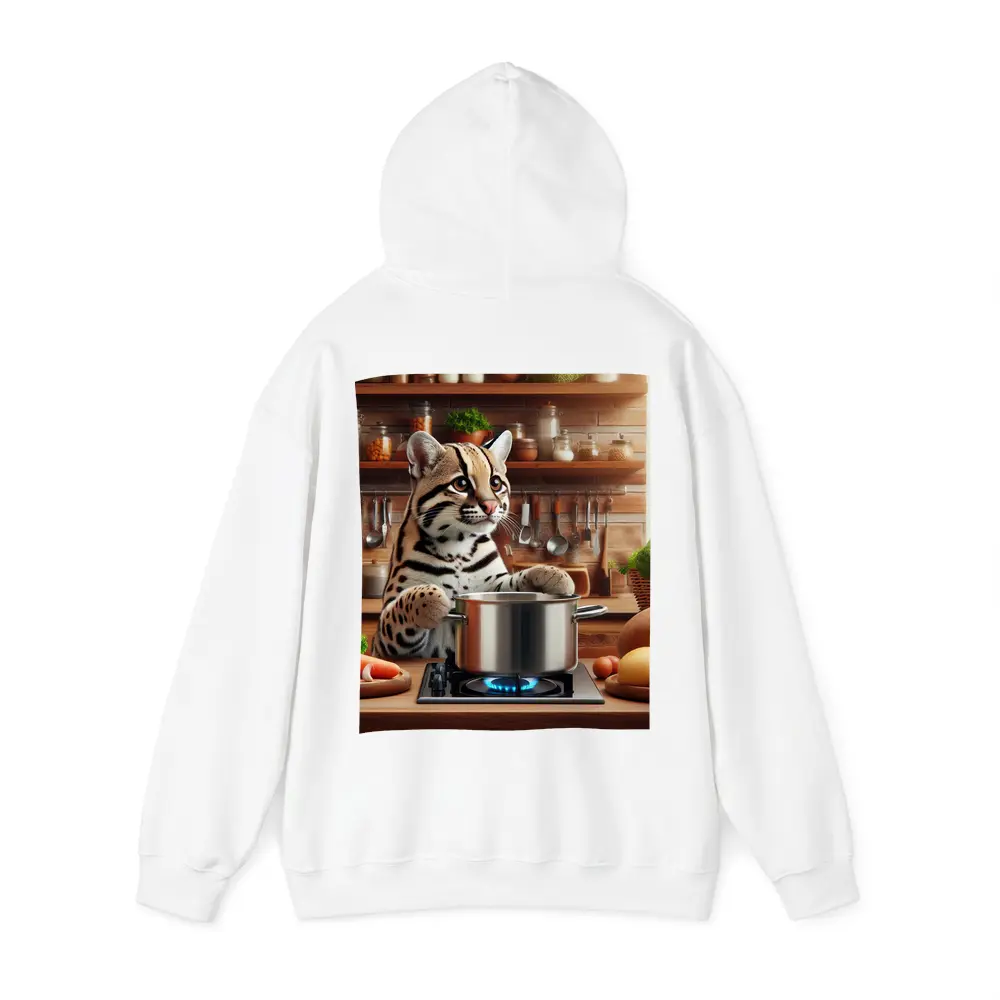 Ocelot Cooking in Rustic Kitchen Scene – Hoodies