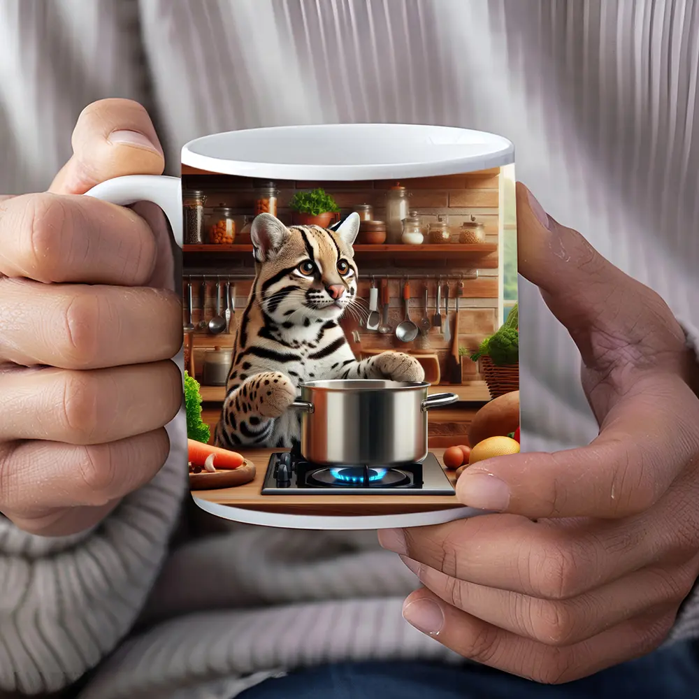 Ocelot Cooking in Rustic Kitchen Scene – Mugs