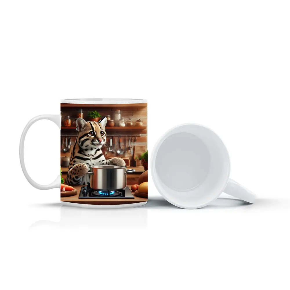 Ocelot Cooking in Rustic Kitchen Scene – Mugs