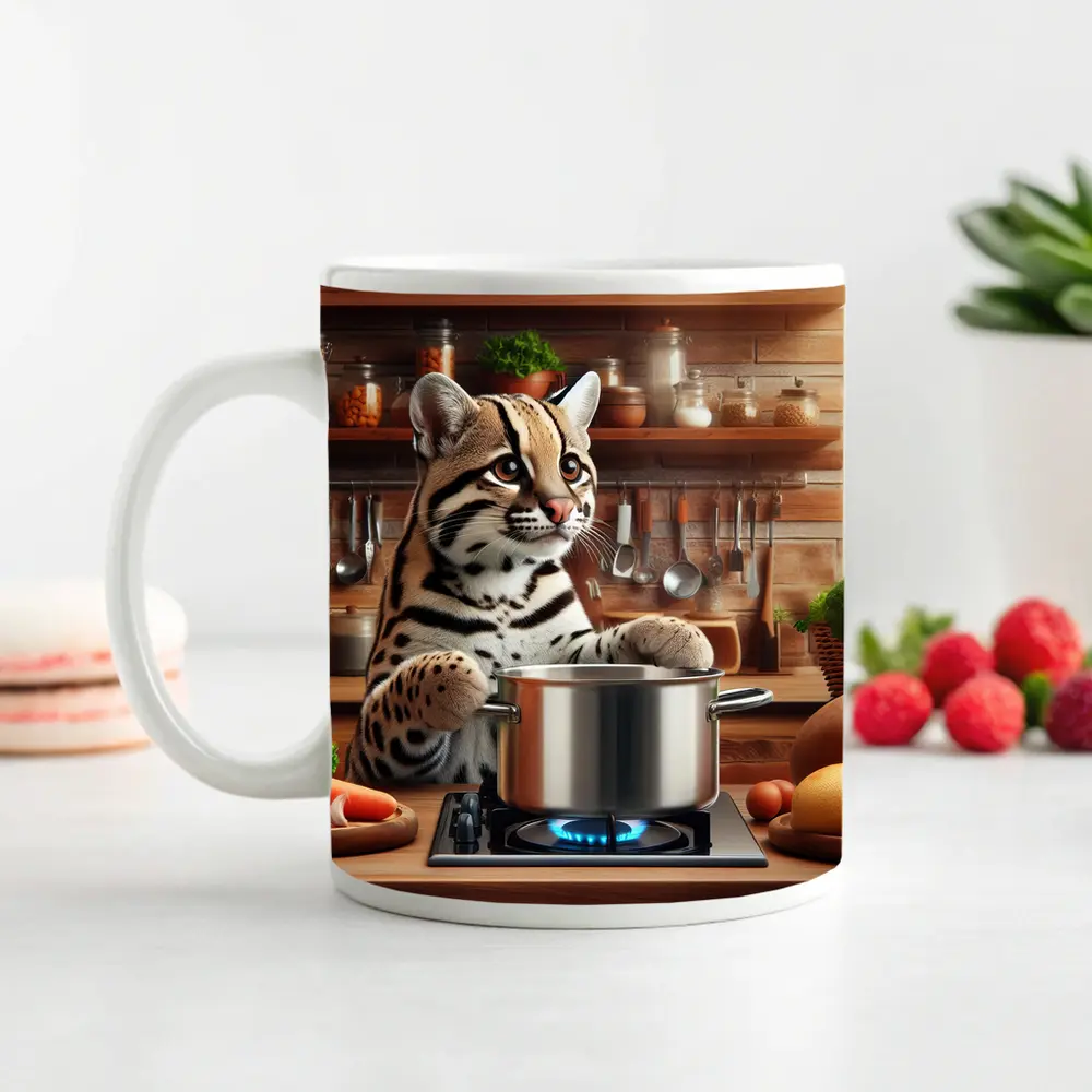 Ocelot Cooking in Rustic Kitchen Scene – Mugs