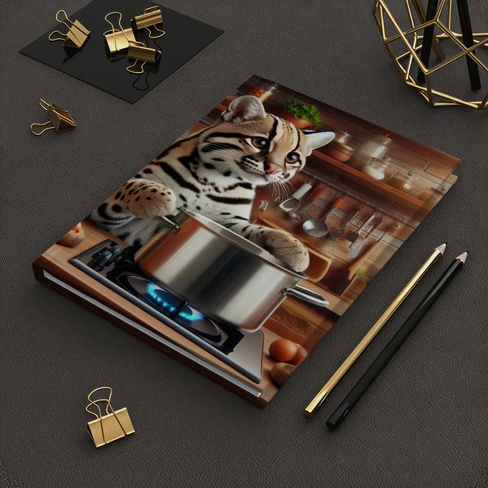Ocelot Cooking in Rustic Kitchen Scene – Notebooks