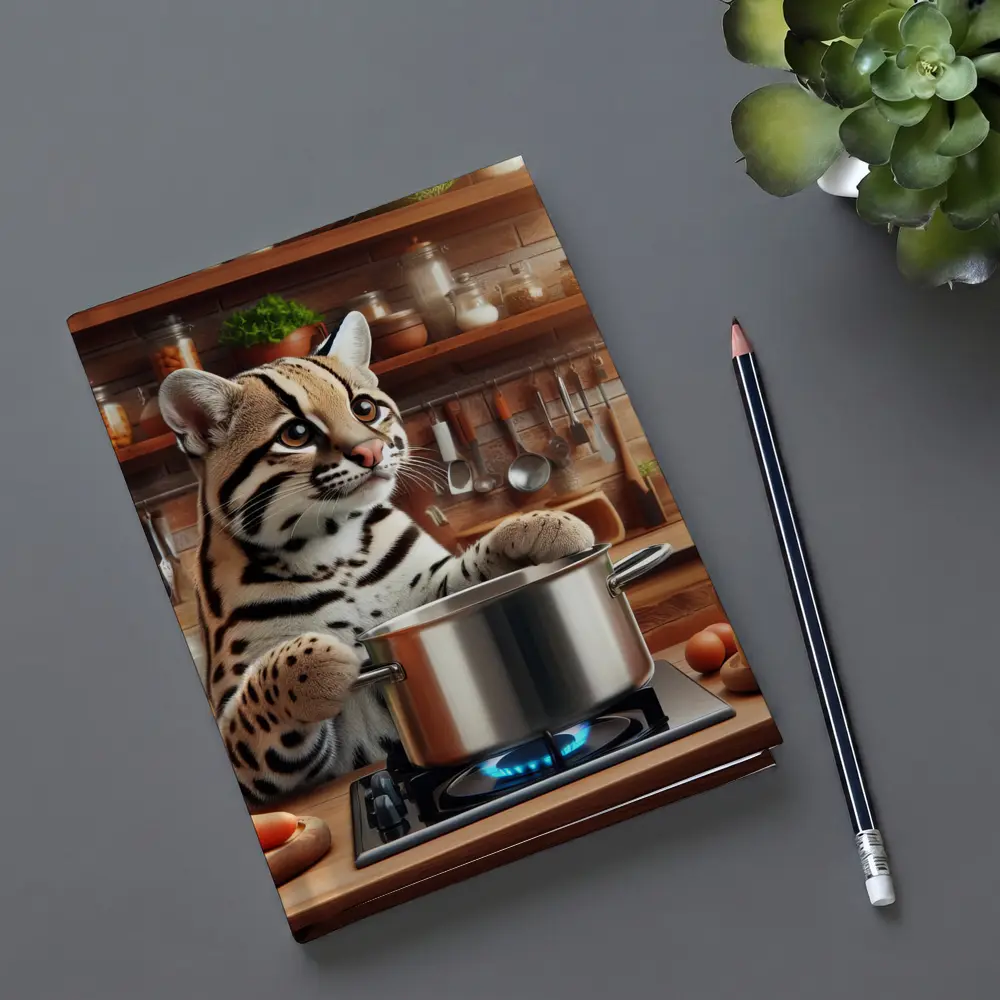Ocelot Cooking in Rustic Kitchen Scene – Notebooks