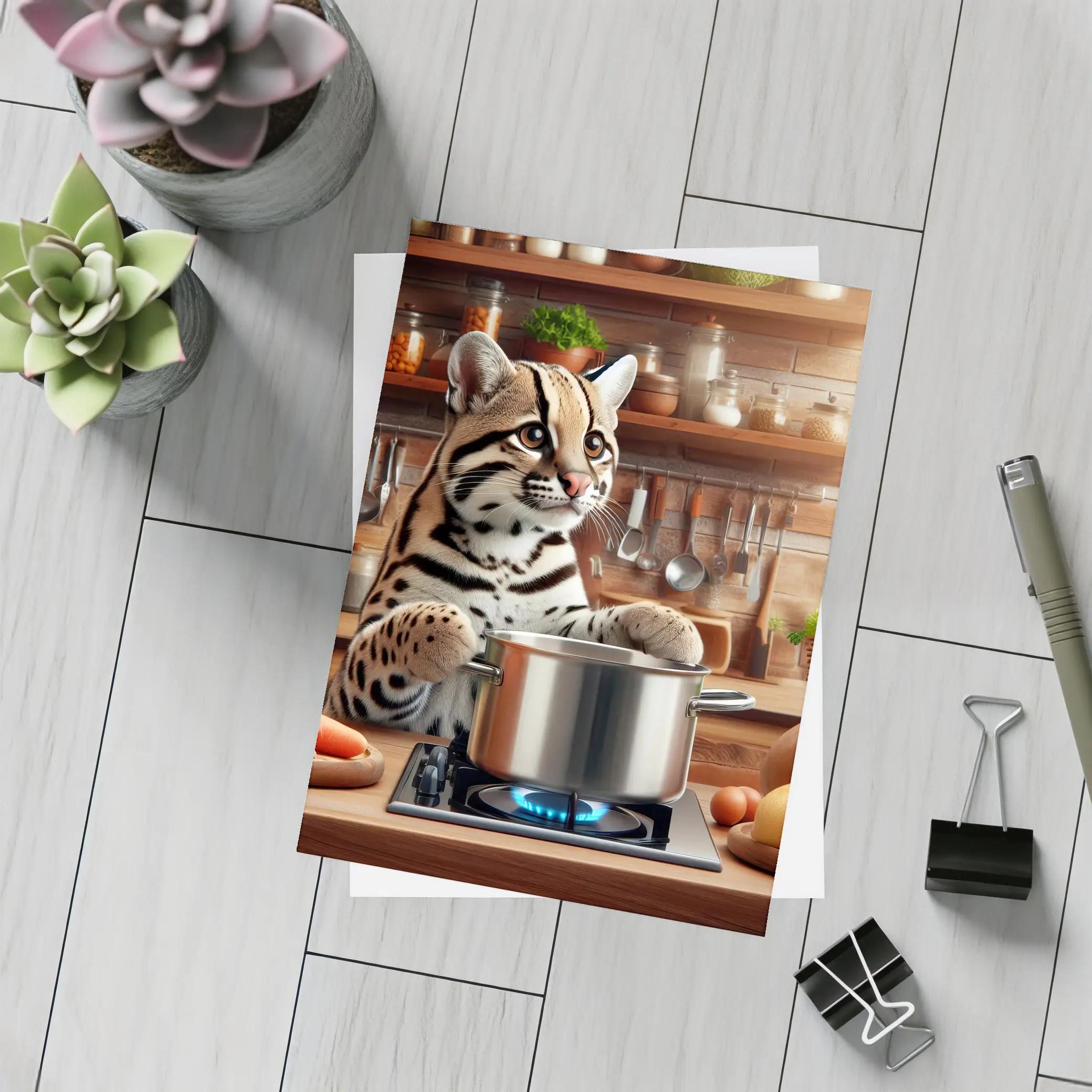 Ocelot Cooking in Rustic Kitchen Scene – Postcards