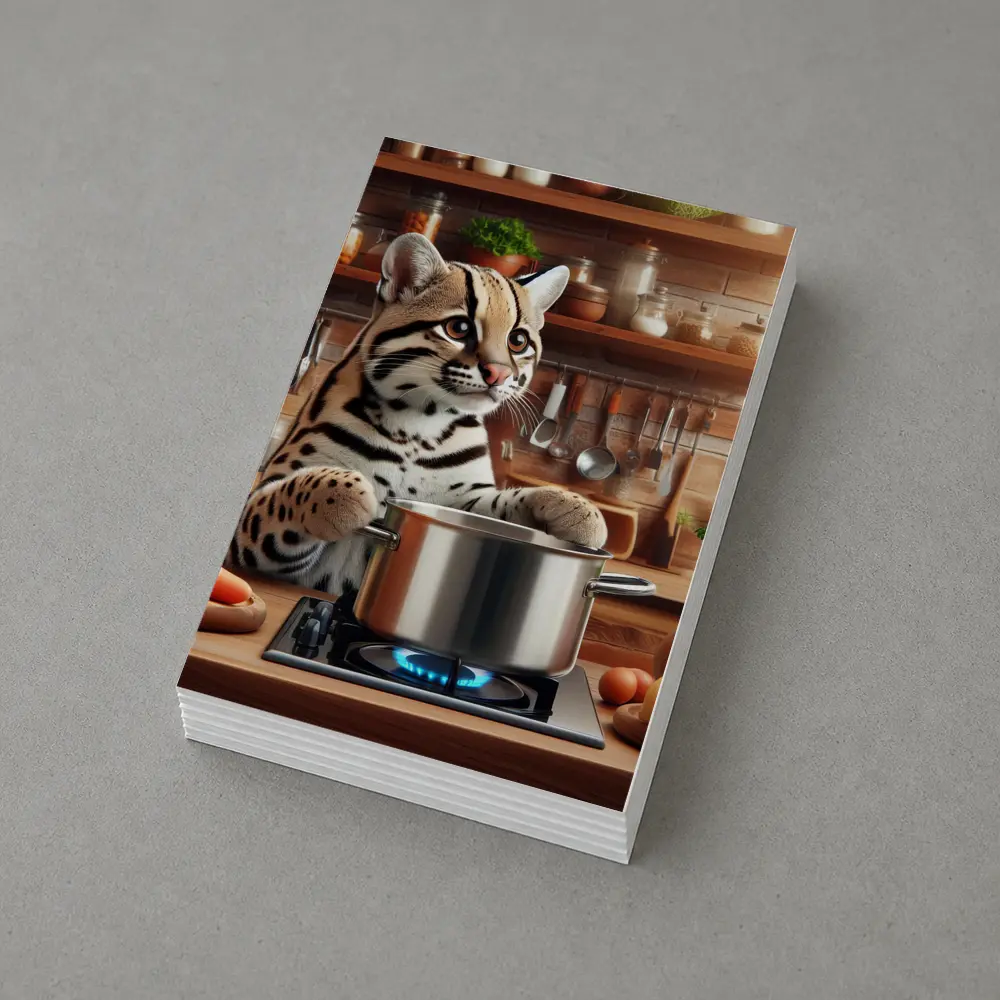 Ocelot Cooking in Rustic Kitchen Scene – Postcards