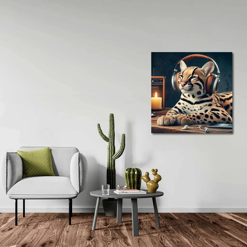 Ocelot With Headphones Listening To Radio – Wall Art