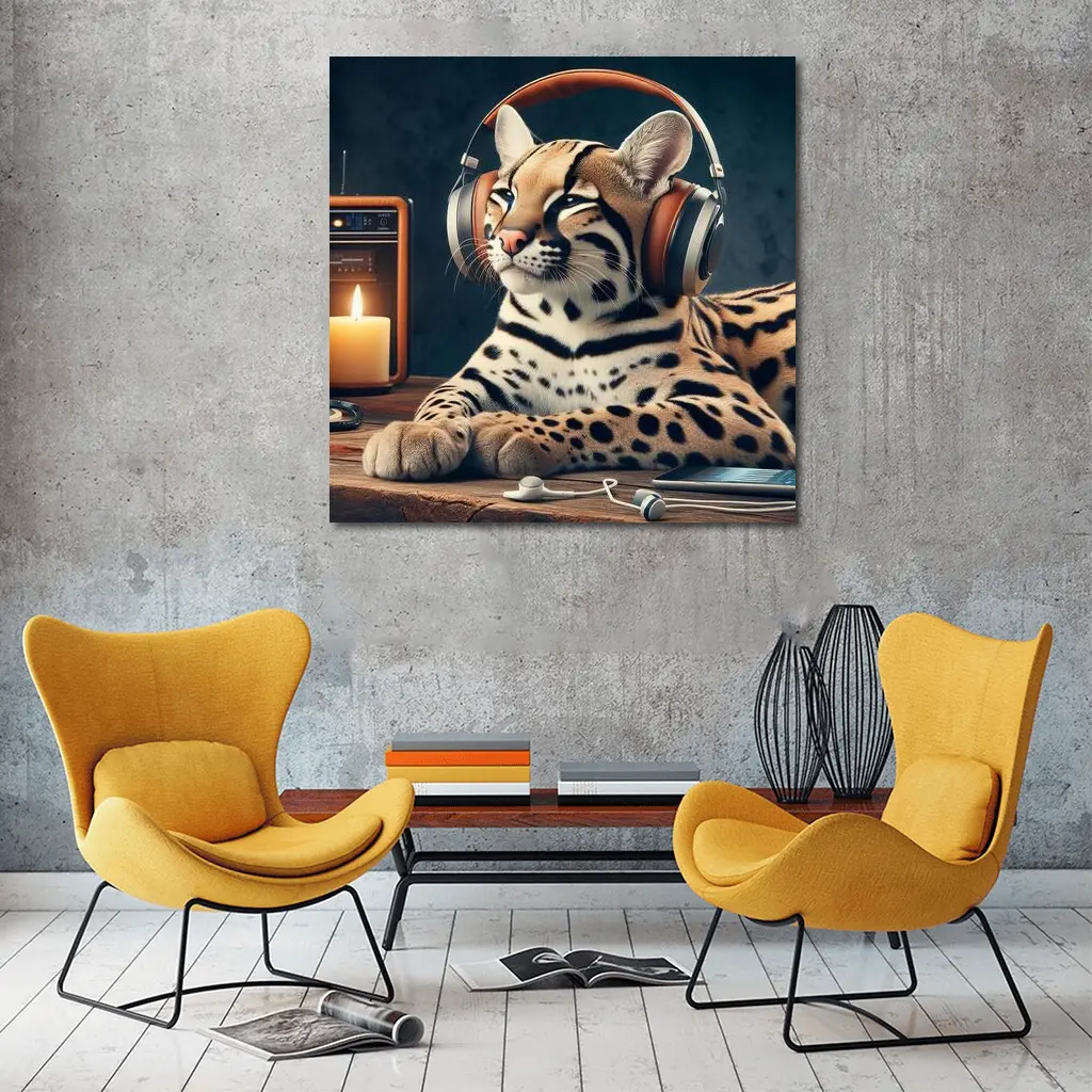 Ocelot With Headphones Listening To Radio – Wall Art