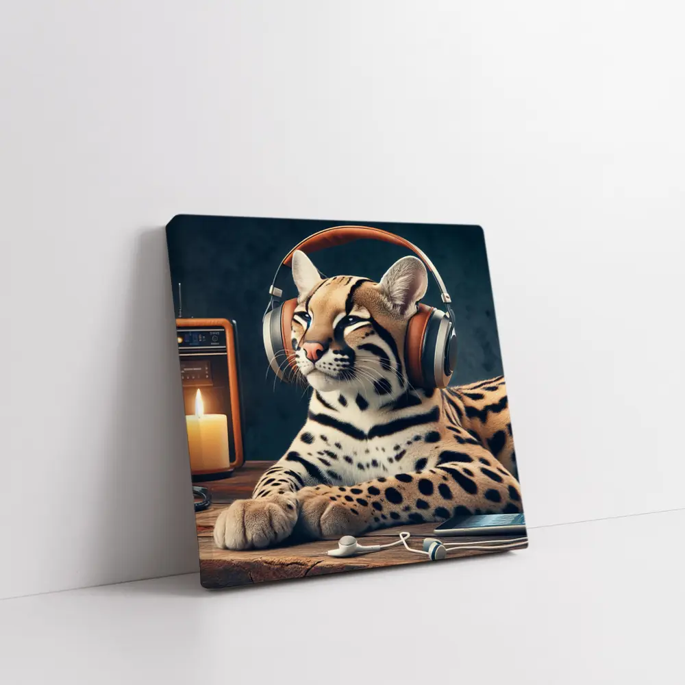Ocelot With Headphones Listening To Radio – Wall Art