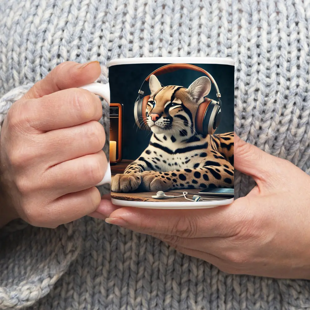 Ocelot With Headphones Listening To Radio – Mugs