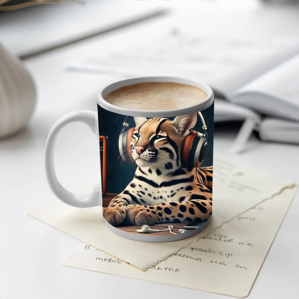 Ocelot With Headphones Listening To Radio – Mugs