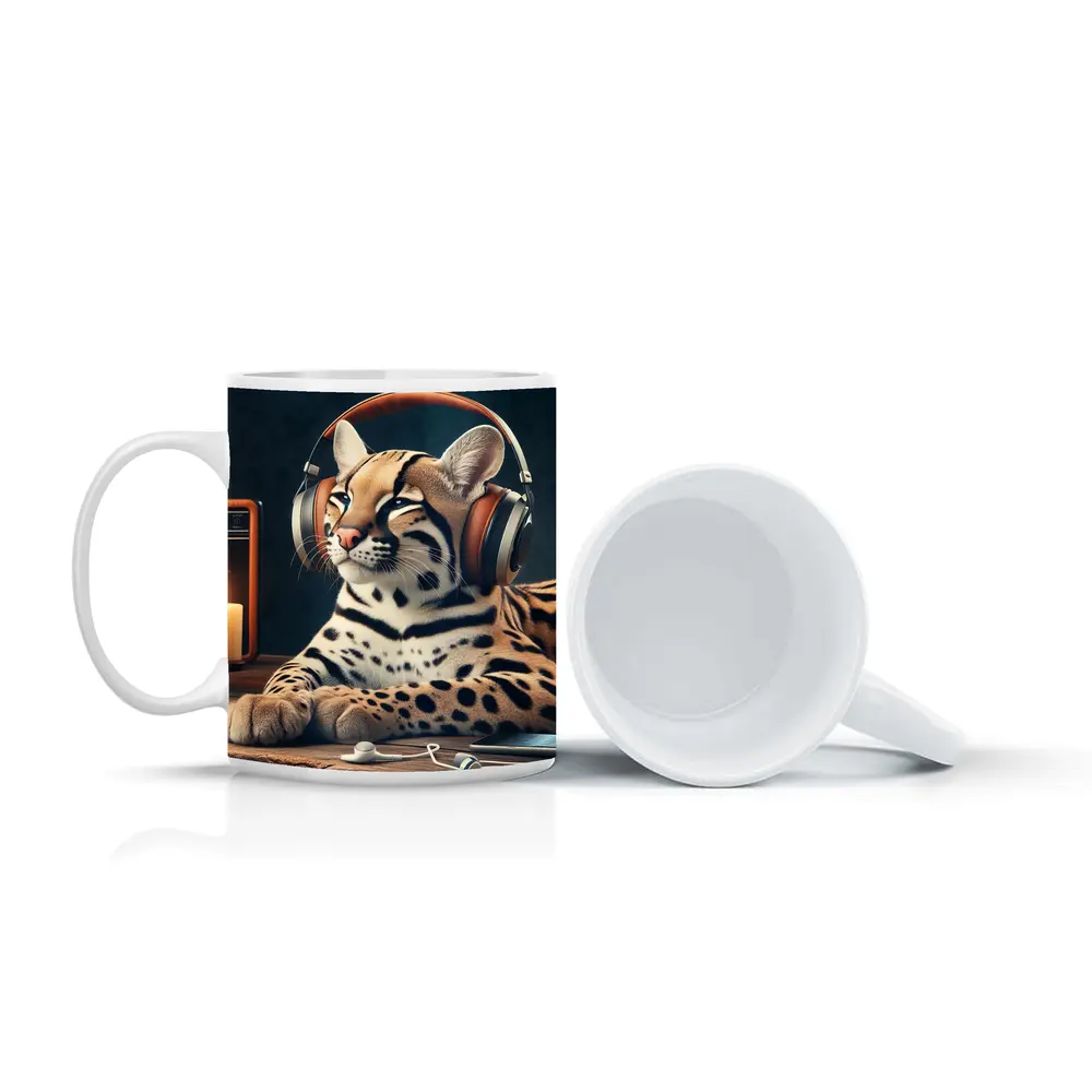 Ocelot With Headphones Listening To Radio – Mugs
