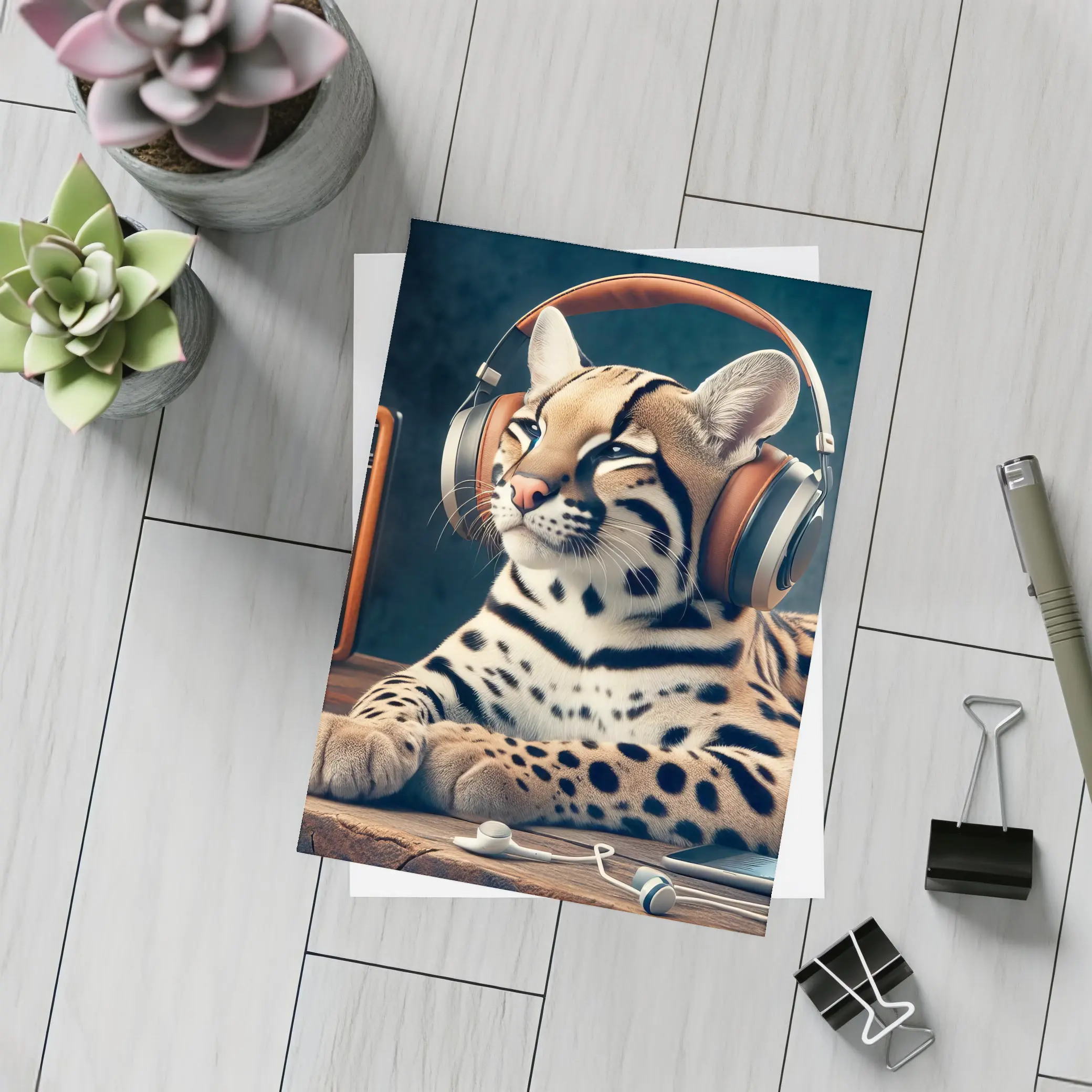 Ocelot With Headphones Listening To Radio – Postcards