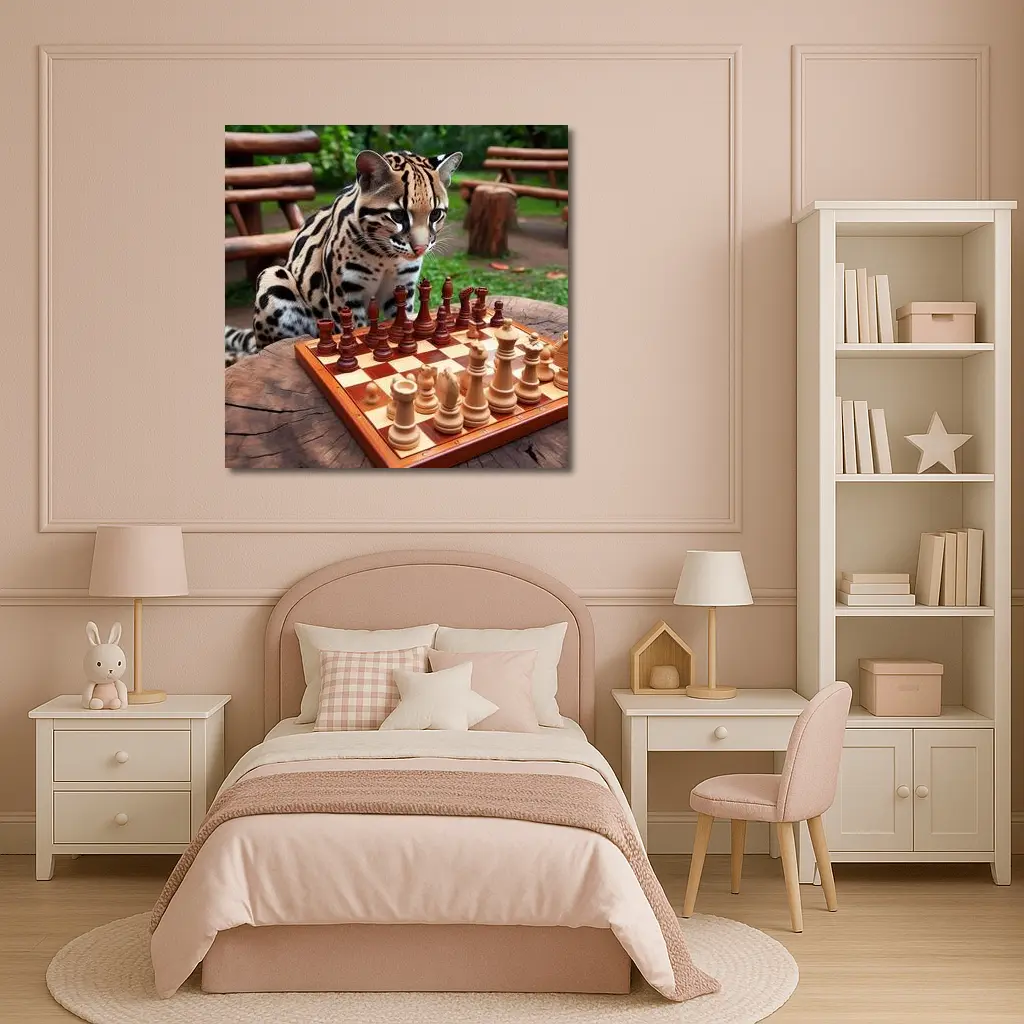 Ocelot Playing Chess in Jungle Garden – Wall Art