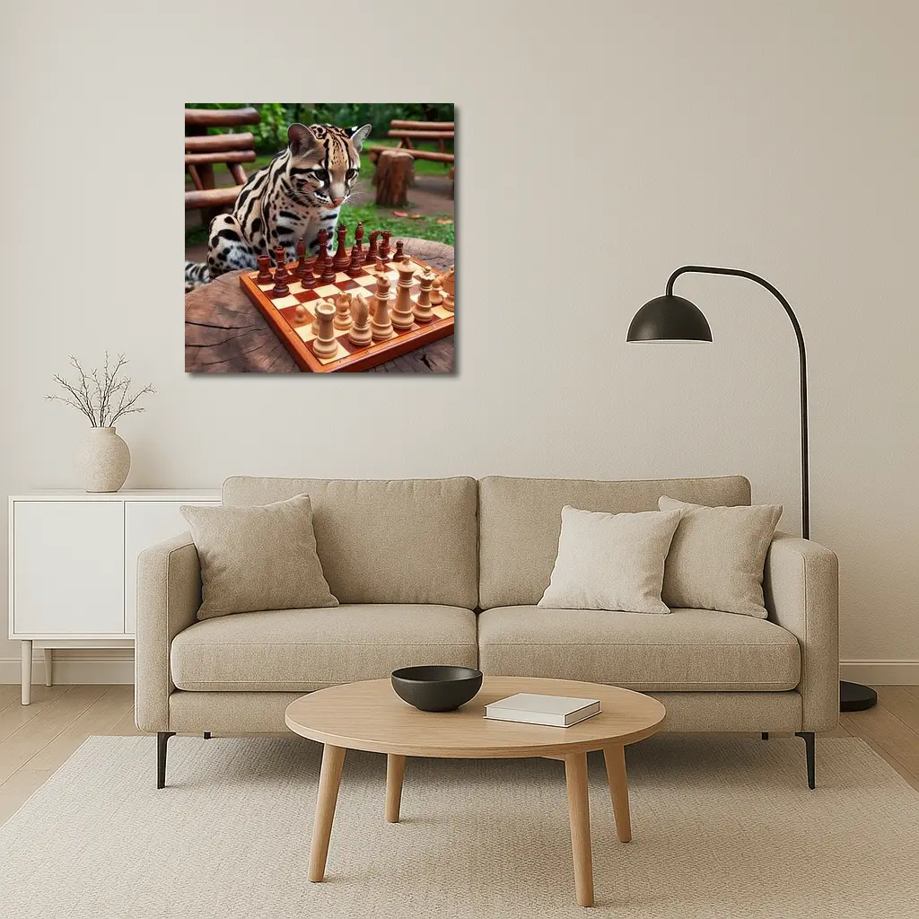 Ocelot Playing Chess in Jungle Garden – Wall Art