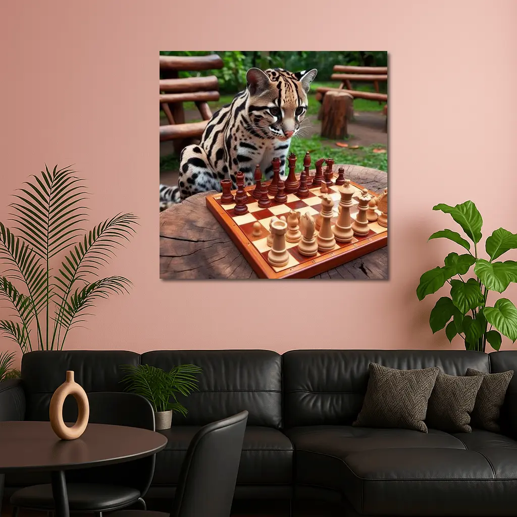 Ocelot Playing Chess in Jungle Garden – Wall Art