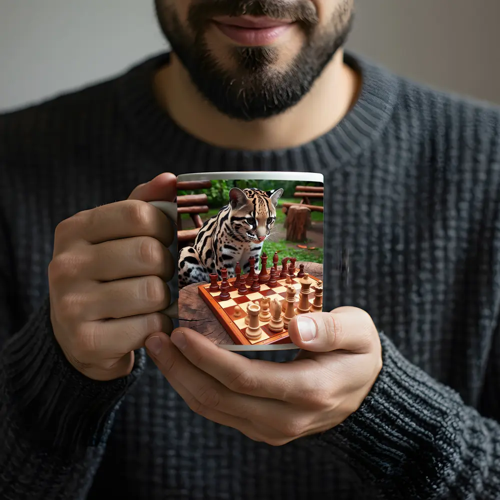 Ocelot Playing Chess in Jungle Garden – Mugs