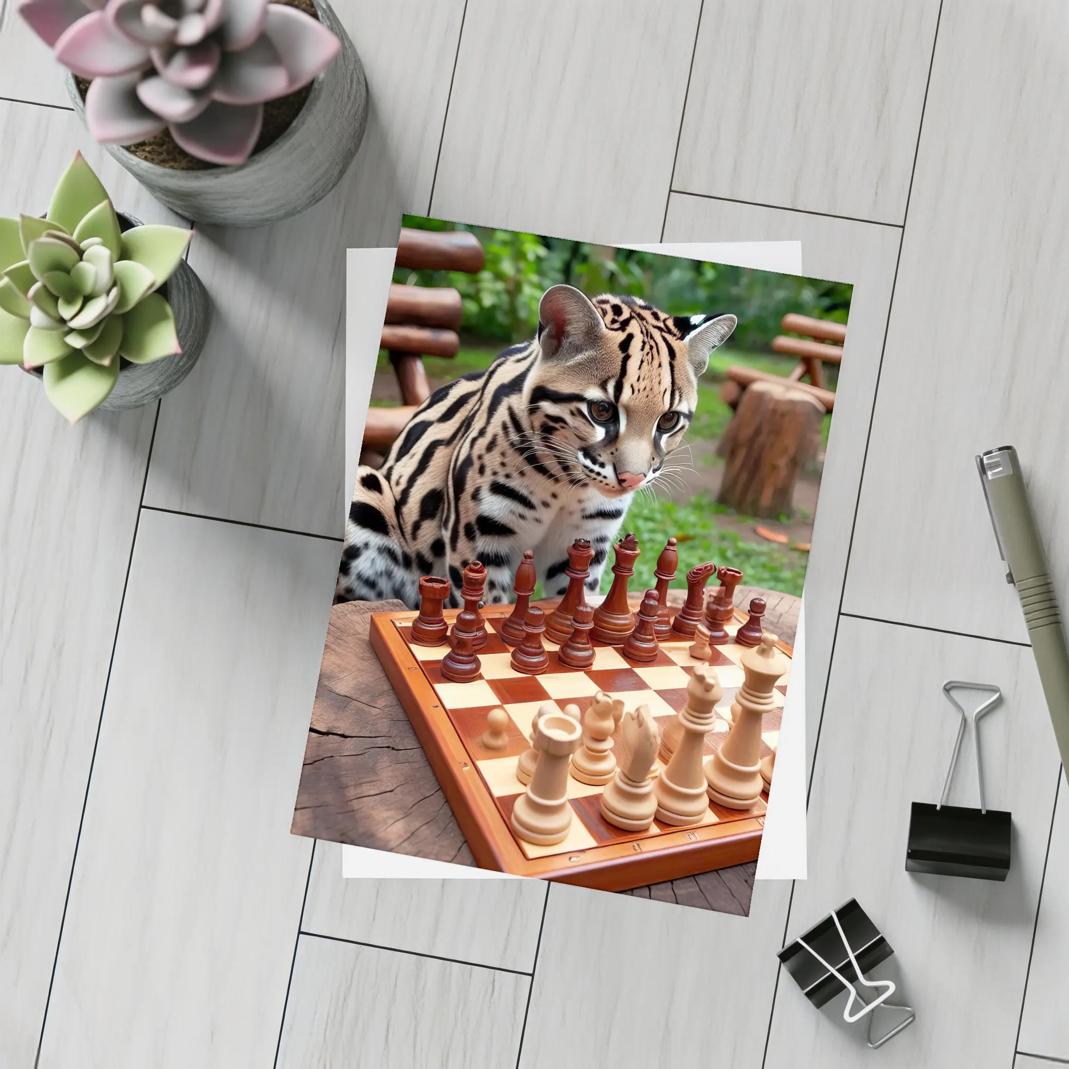 Ocelot Playing Chess in Jungle Garden – Postcards
