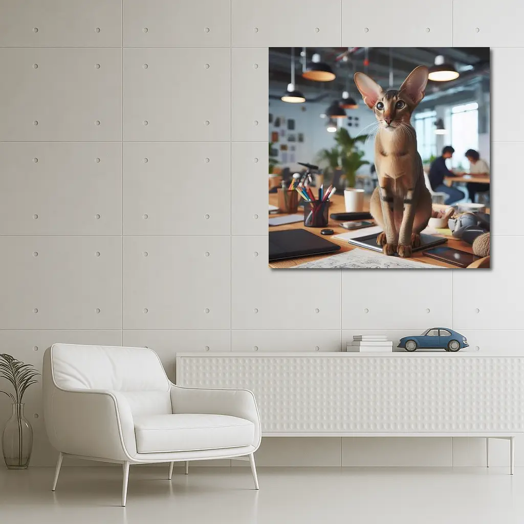 Abyssinian Cat Sitting on Office Desk – Wall Art