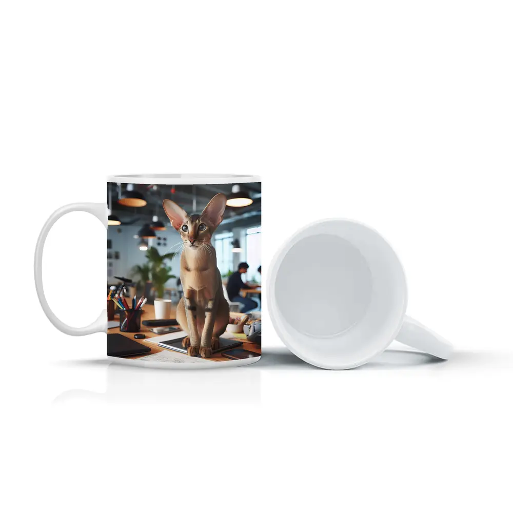 Abyssinian Cat Sitting on Office Desk – Mugs