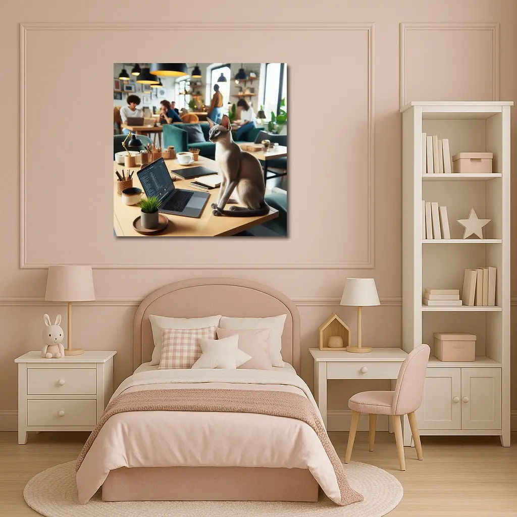 Siamese Cat Sitting at Cafe Workspace – Wall Art