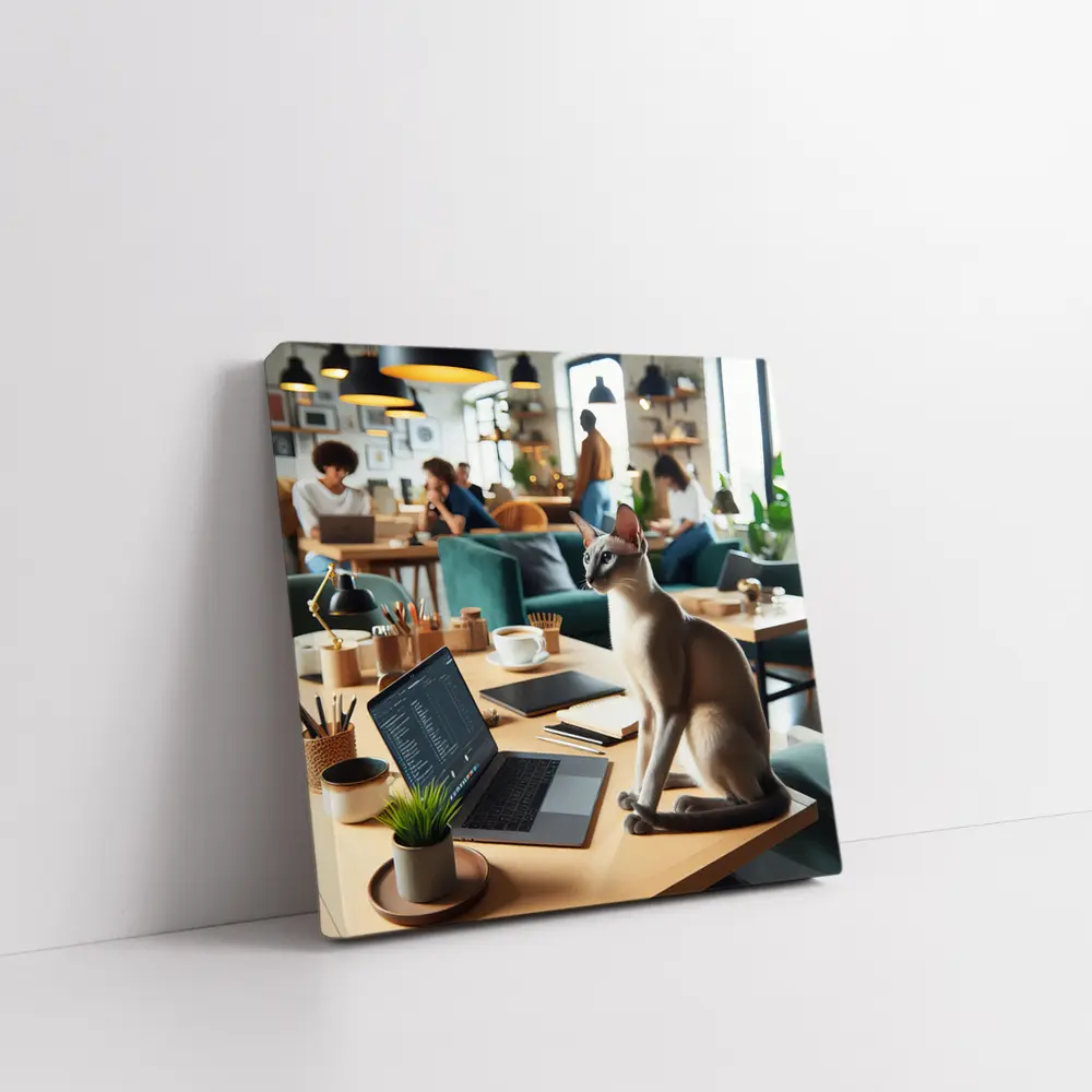 Siamese Cat Sitting at Cafe Workspace – Wall Art