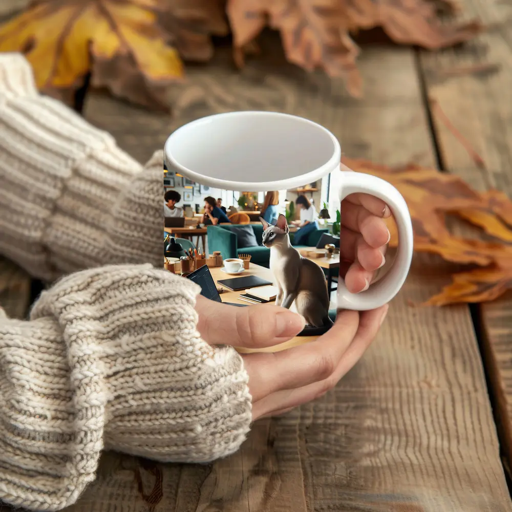 Siamese Cat Sitting at Cafe Workspace – Mugs