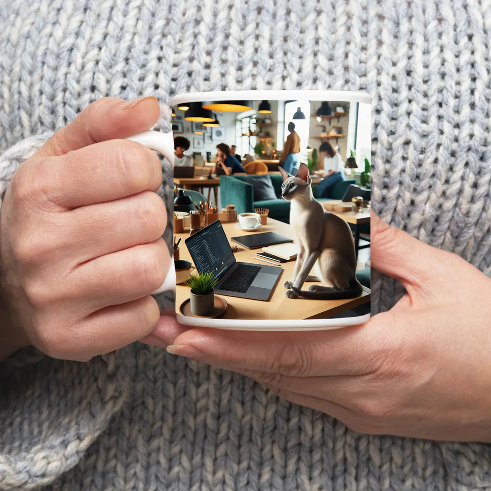 Siamese Cat Sitting at Cafe Workspace – Mugs