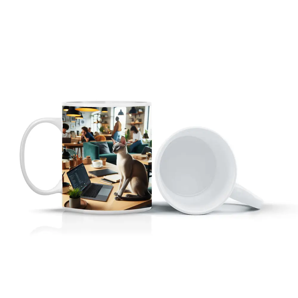Siamese Cat Sitting at Cafe Workspace – Mugs