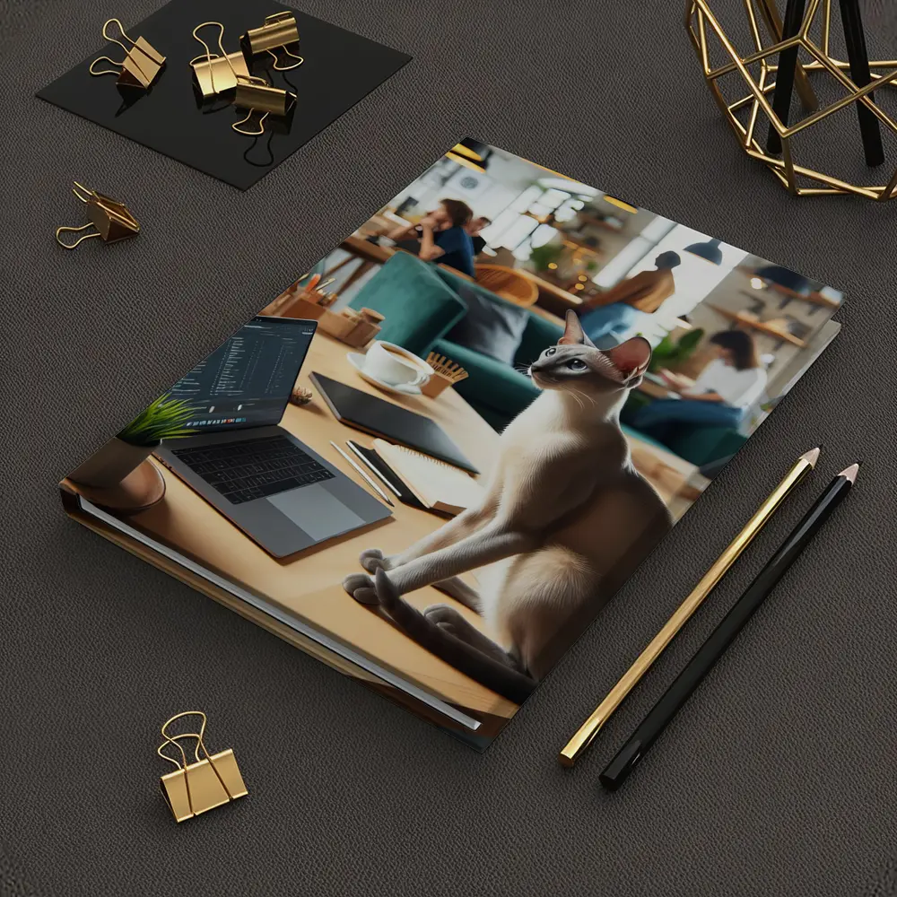 Siamese Cat Sitting at Cafe Workspace – Notebooks