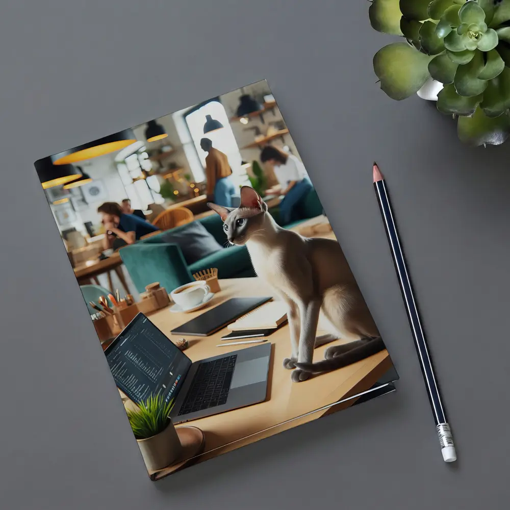 Siamese Cat Sitting at Cafe Workspace – Notebooks