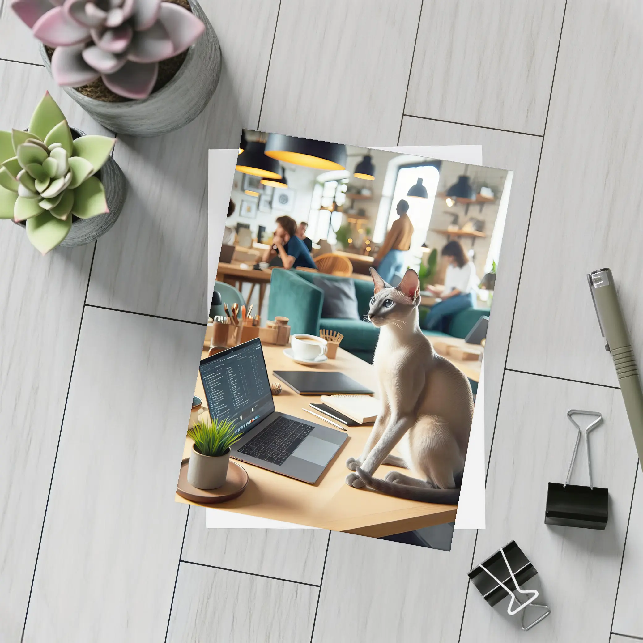 Siamese Cat Sitting at Cafe Workspace – Postcards