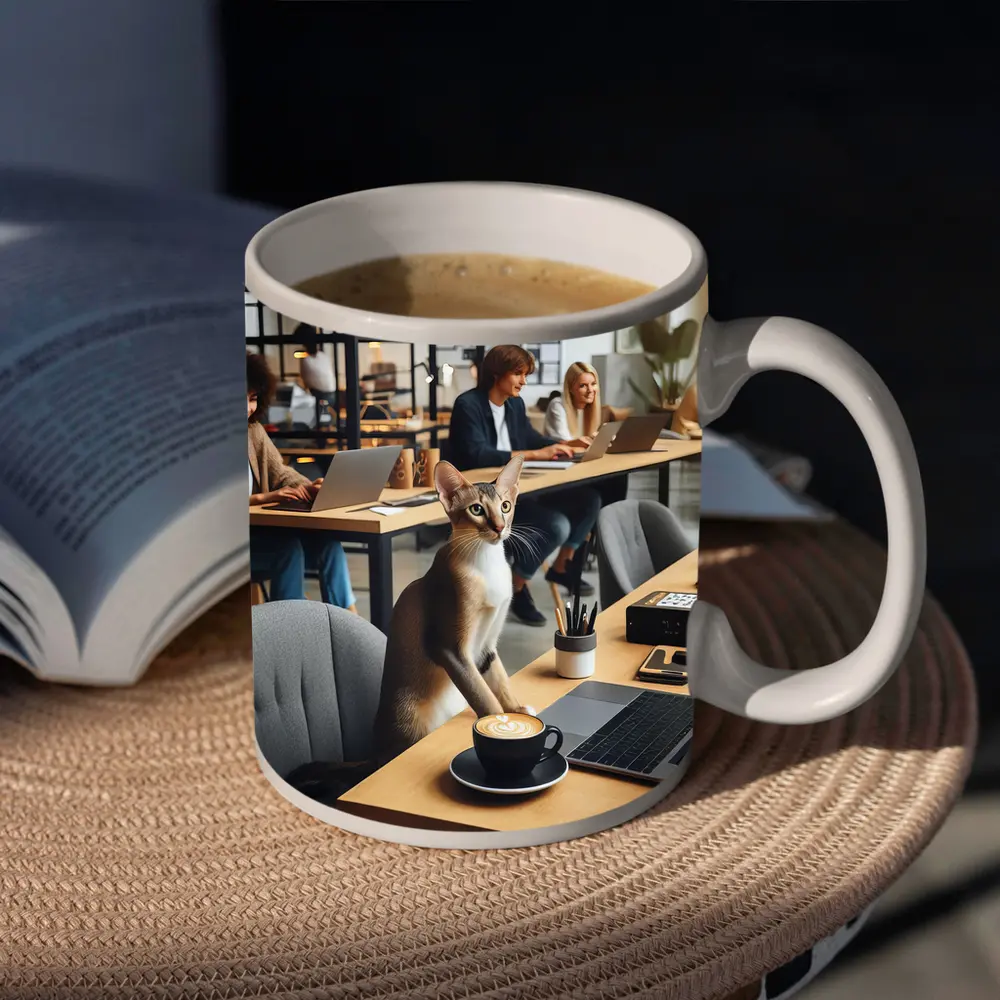 Abyssinian Cat at Modern Office Desk – Mugs