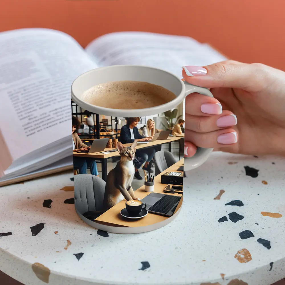 Abyssinian Cat at Modern Office Desk – Mugs
