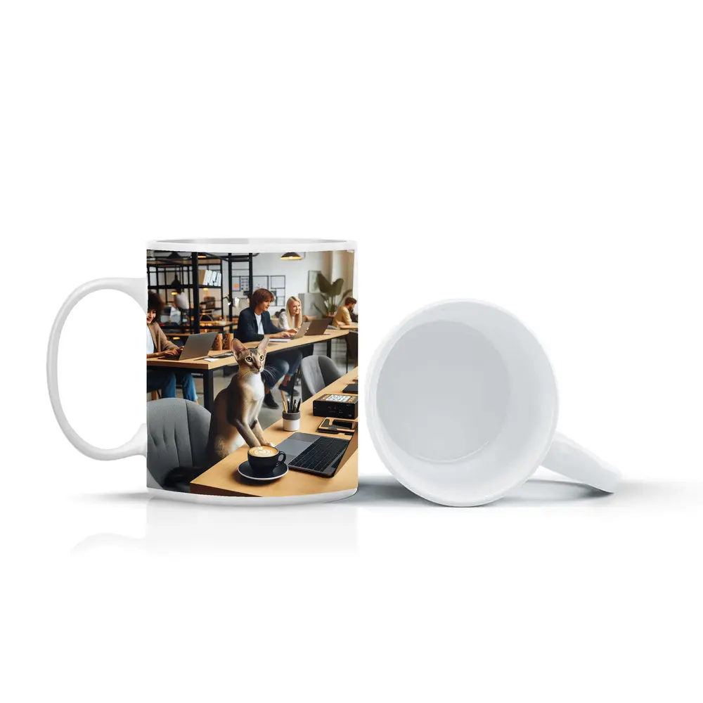 Abyssinian Cat at Modern Office Desk – Mugs