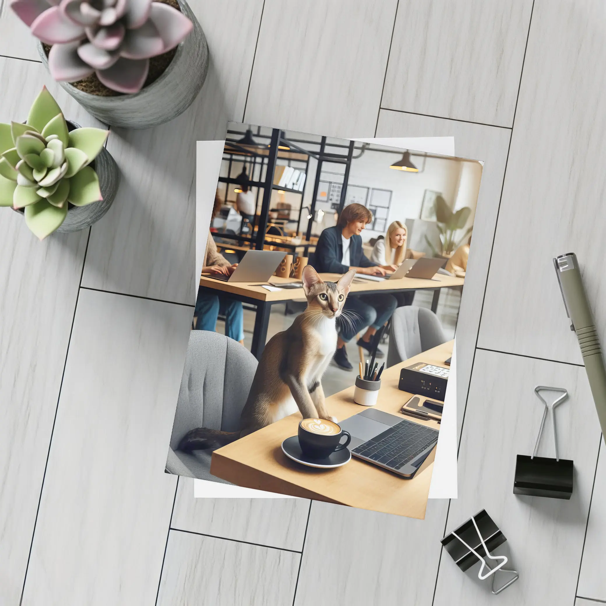 Abyssinian Cat at Modern Office Desk – Postcards