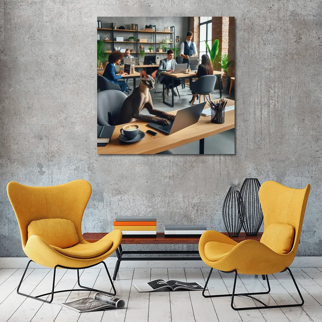 Sphynx Cat Working Laptop Coworking Office – Wall Art