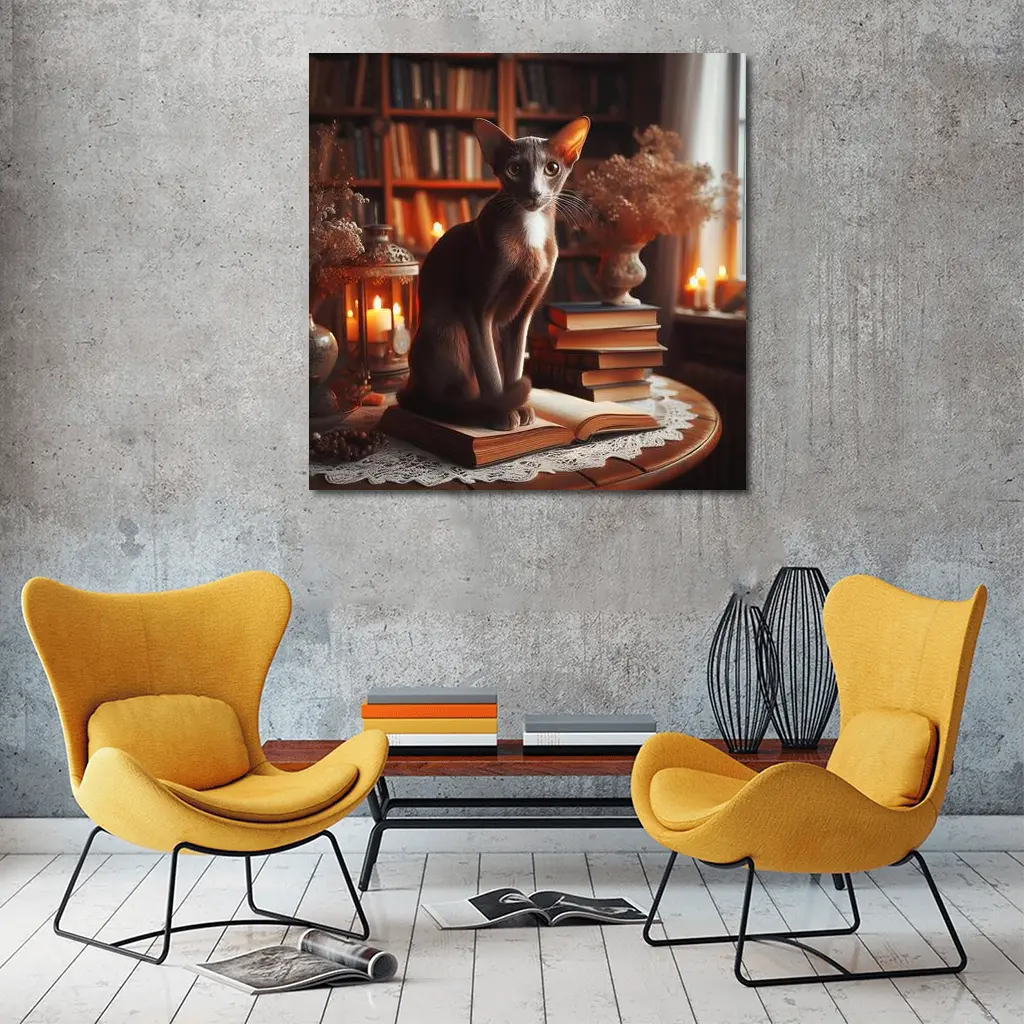 Oriental Shorthair Cat Cozy Library Setting – Wall Art