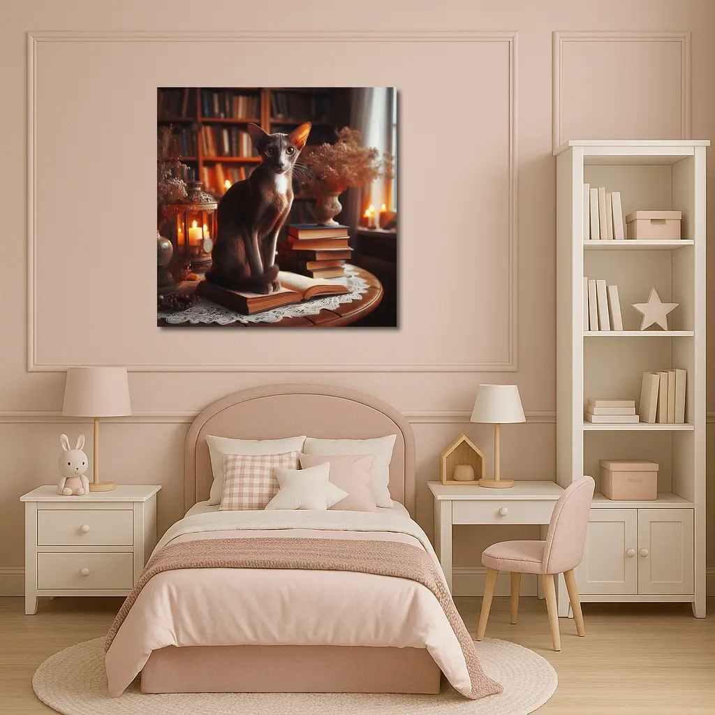 Oriental Shorthair Cat Cozy Library Setting – Wall Art