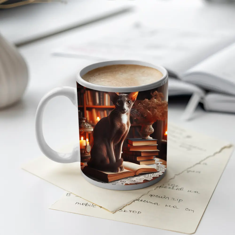 Oriental Shorthair Cat Cozy Library Setting – Mugs