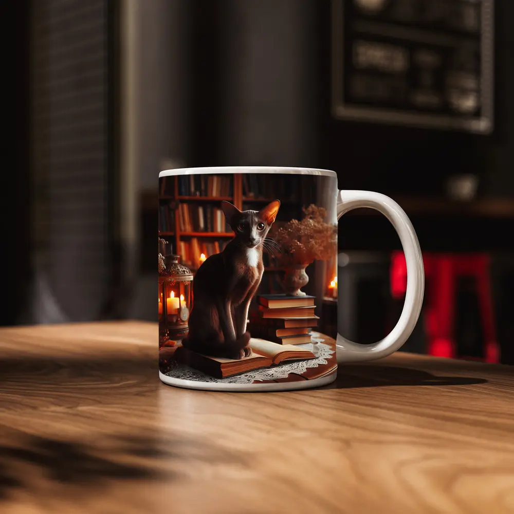 Oriental Shorthair Cat Cozy Library Setting – Mugs