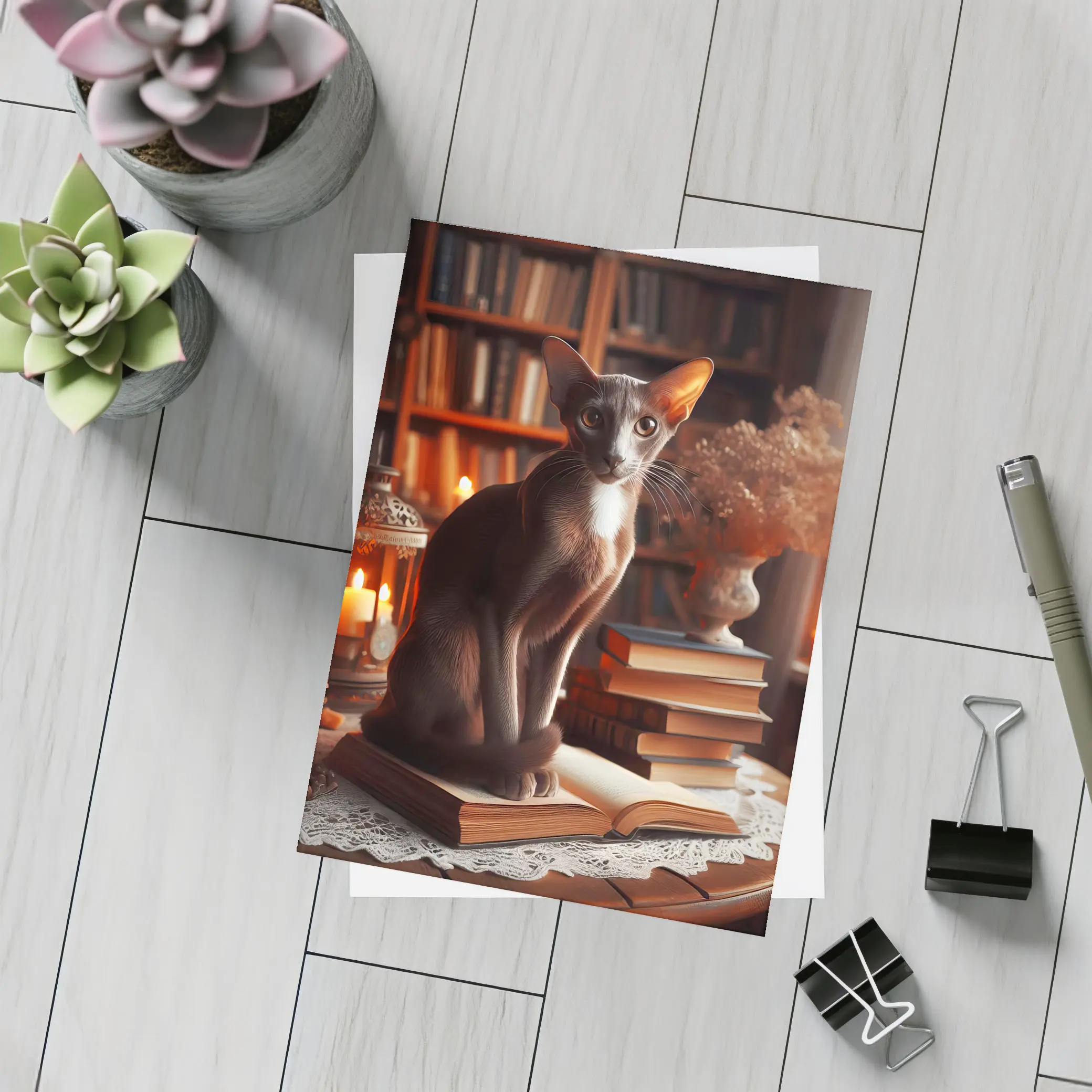 Oriental Shorthair Cat Cozy Library Setting – Postcards