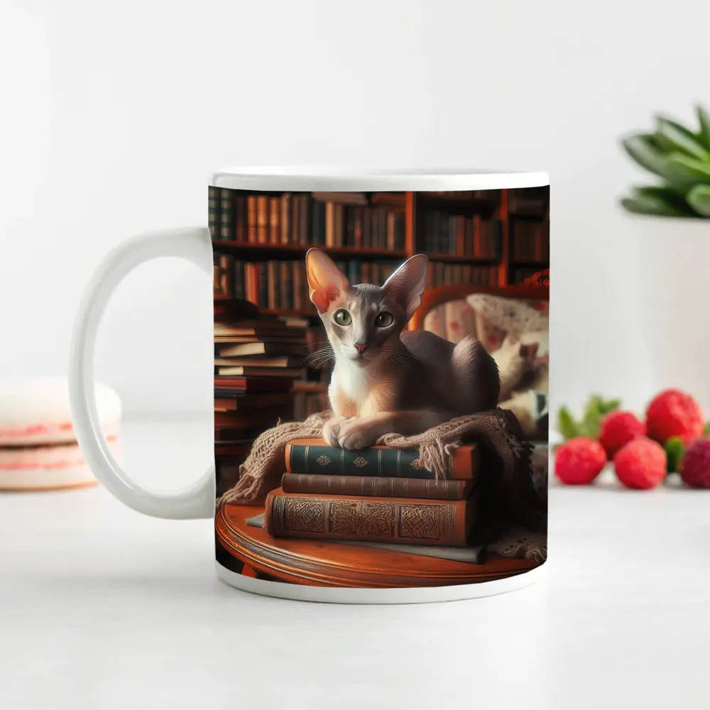 Oriental Shorthair Cat Library Cozy Books – Mugs