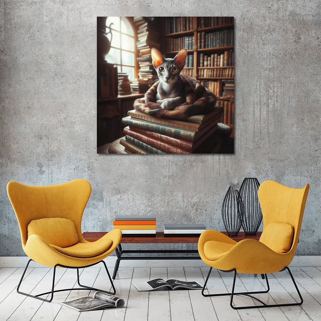 Oriental Shorthair Cat Resting On Books – Wall Art