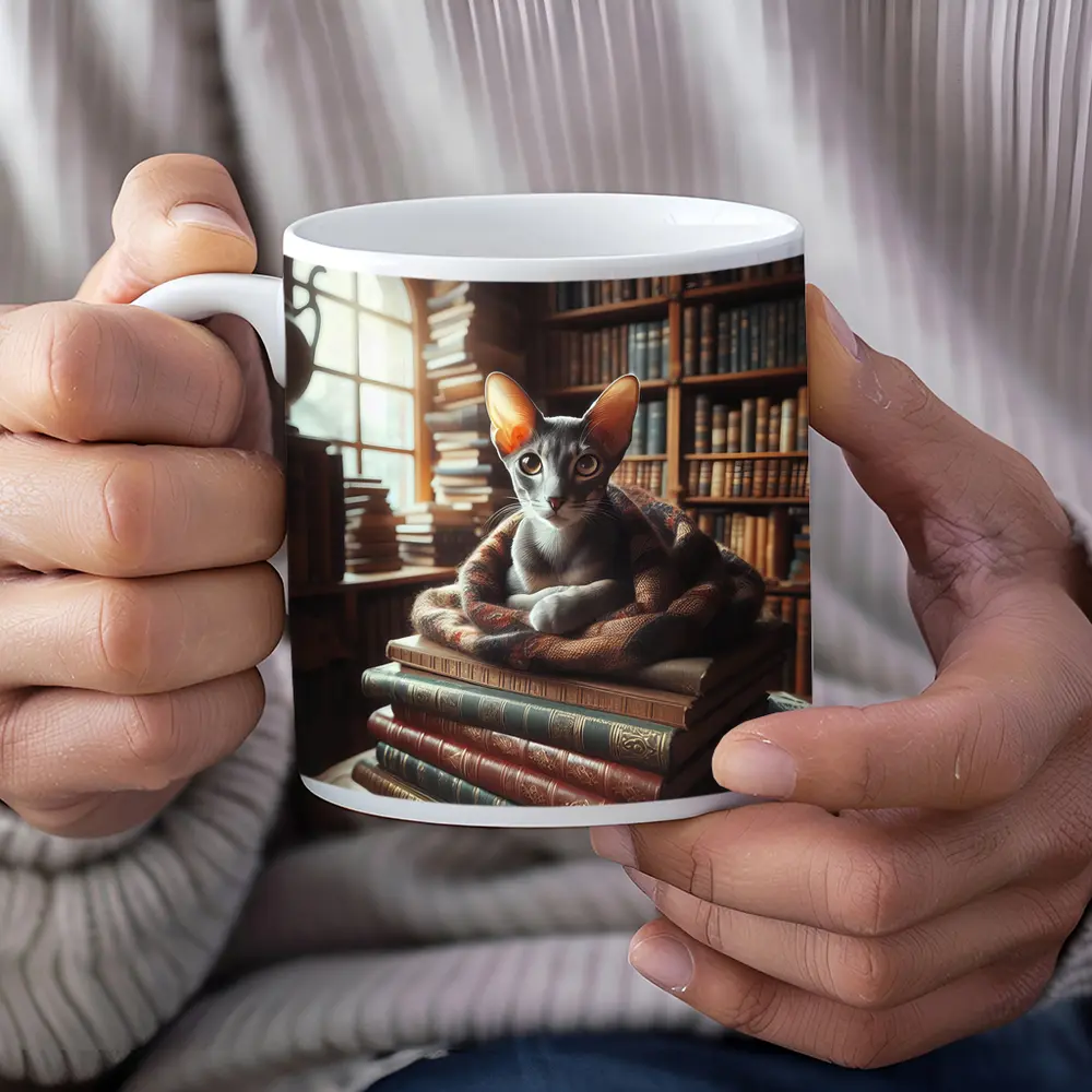 Oriental Shorthair Cat Resting On Books – Mugs