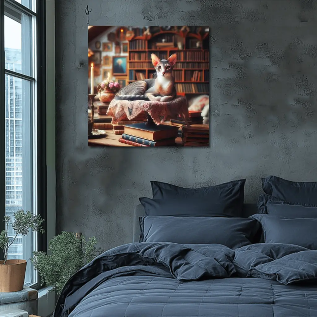 Abyssinian Cat Resting in Cozy Library – Wall Art