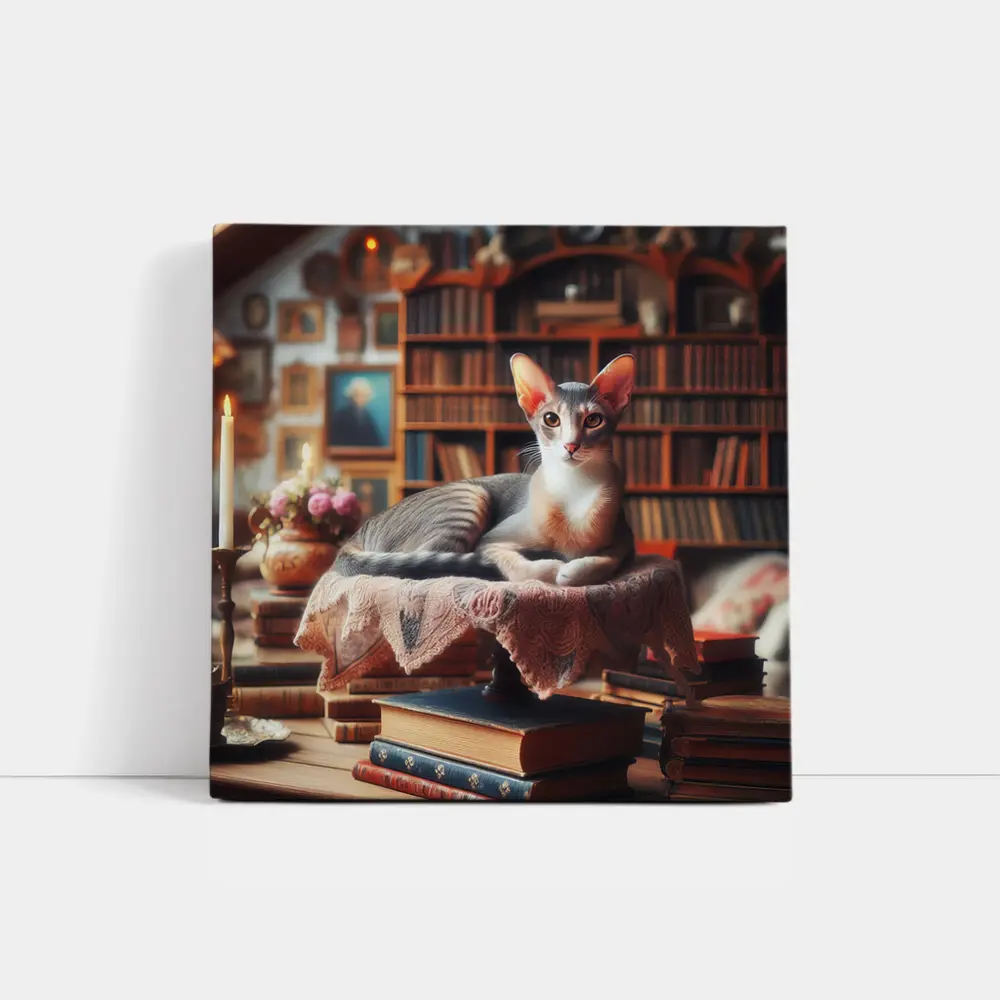 Abyssinian Cat Resting in Cozy Library – Wall Art