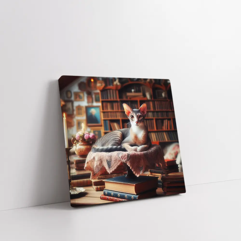 Abyssinian Cat Resting in Cozy Library – Wall Art