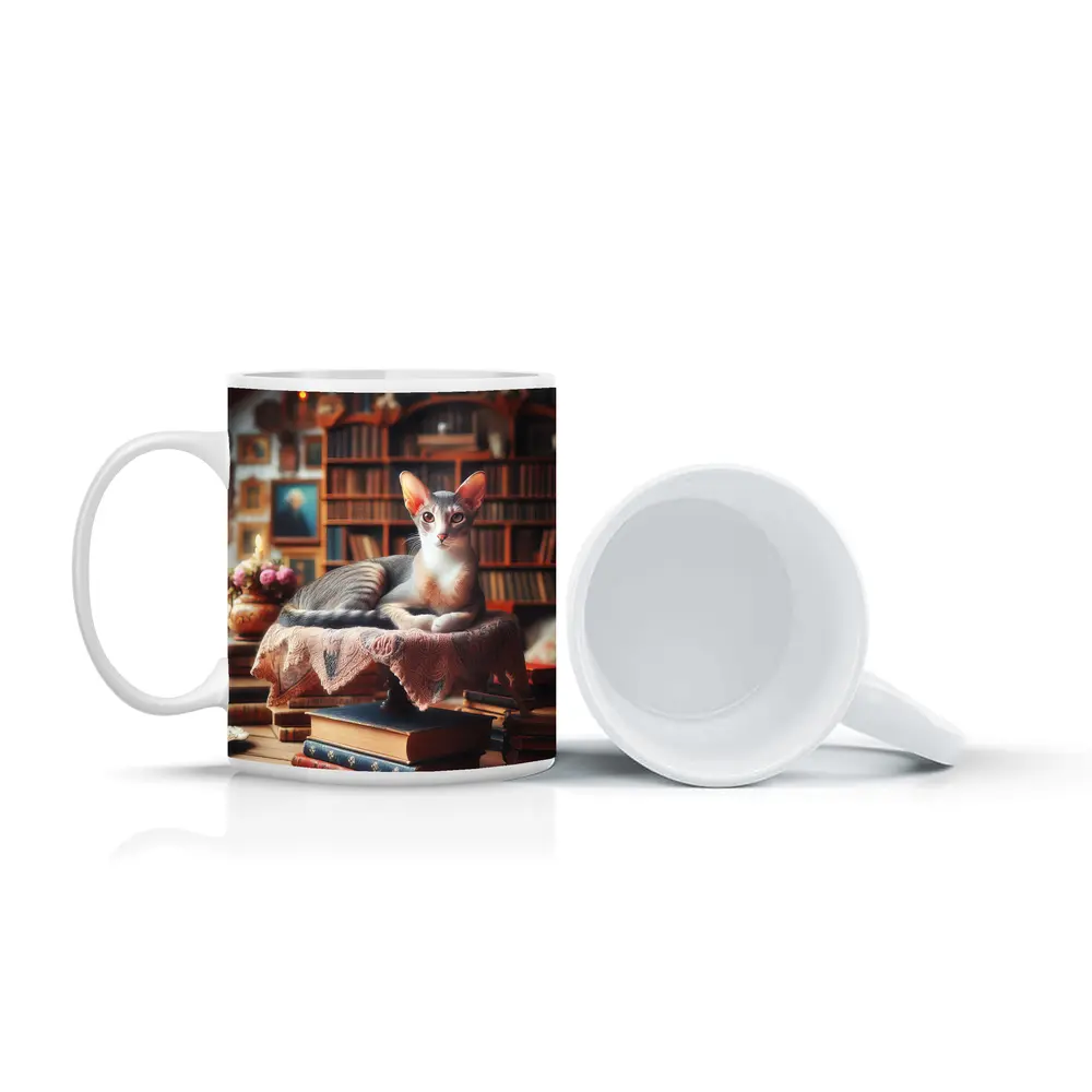Abyssinian Cat Resting in Cozy Library – Mugs