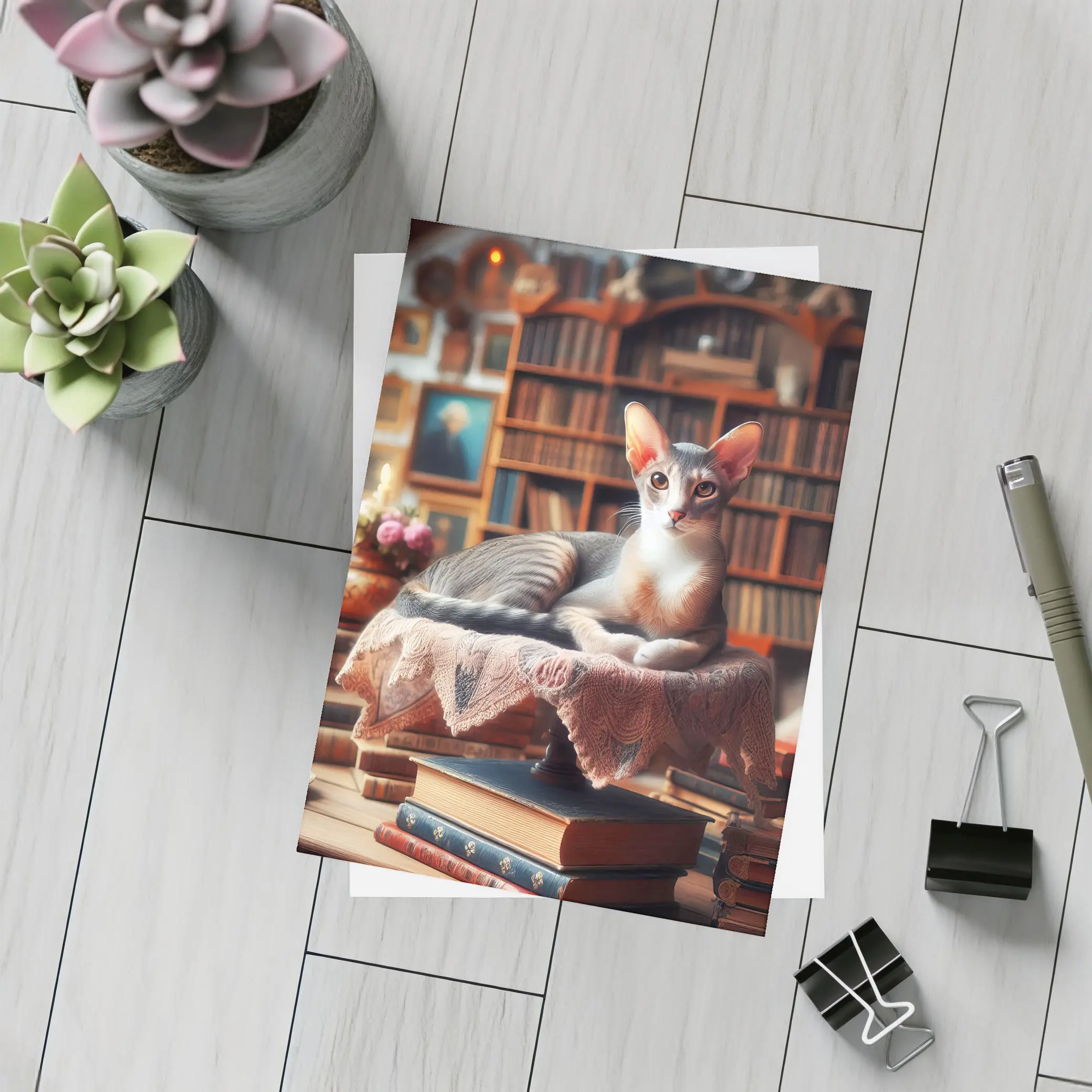 Abyssinian Cat Resting in Cozy Library – Postcards