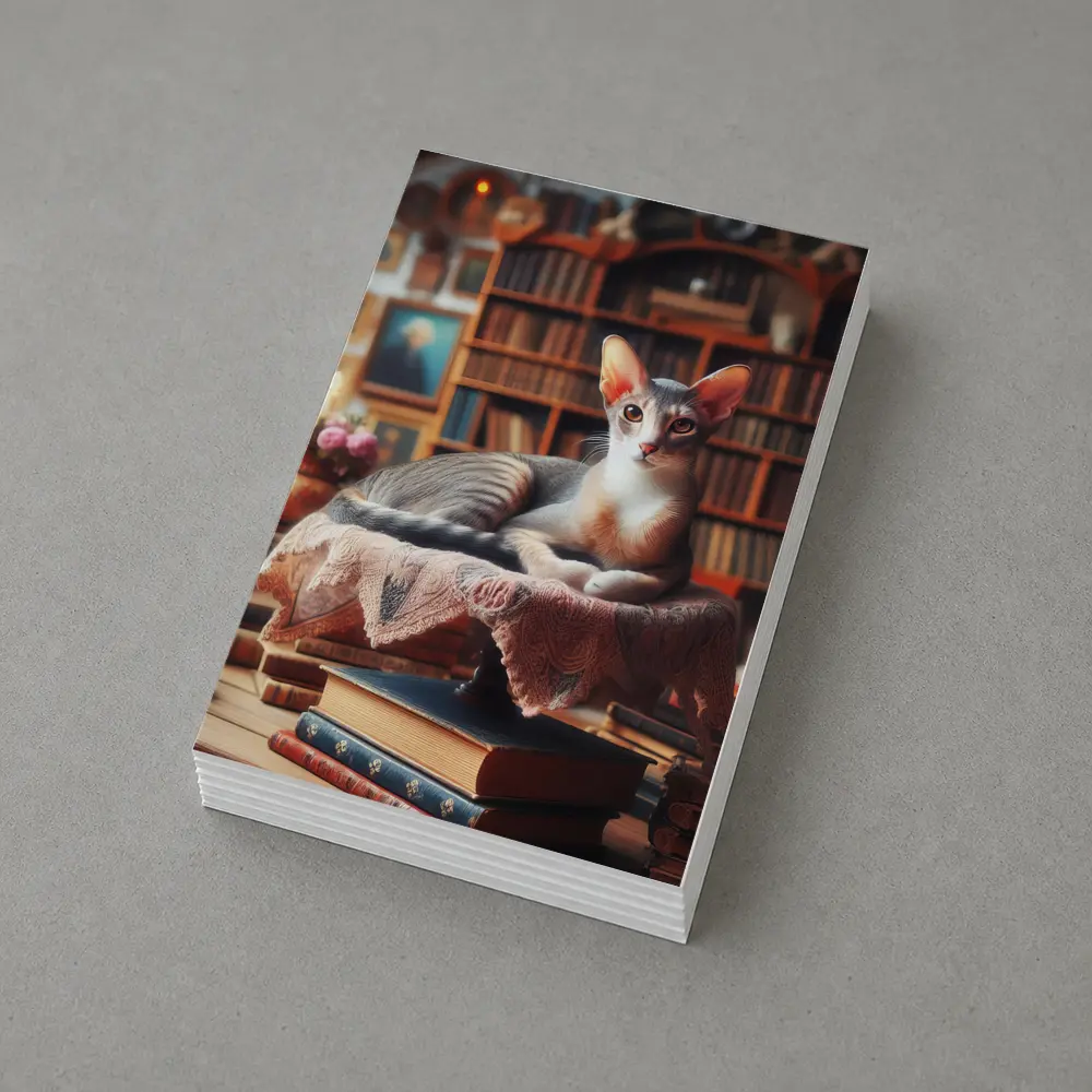 Abyssinian Cat Resting in Cozy Library – Postcards