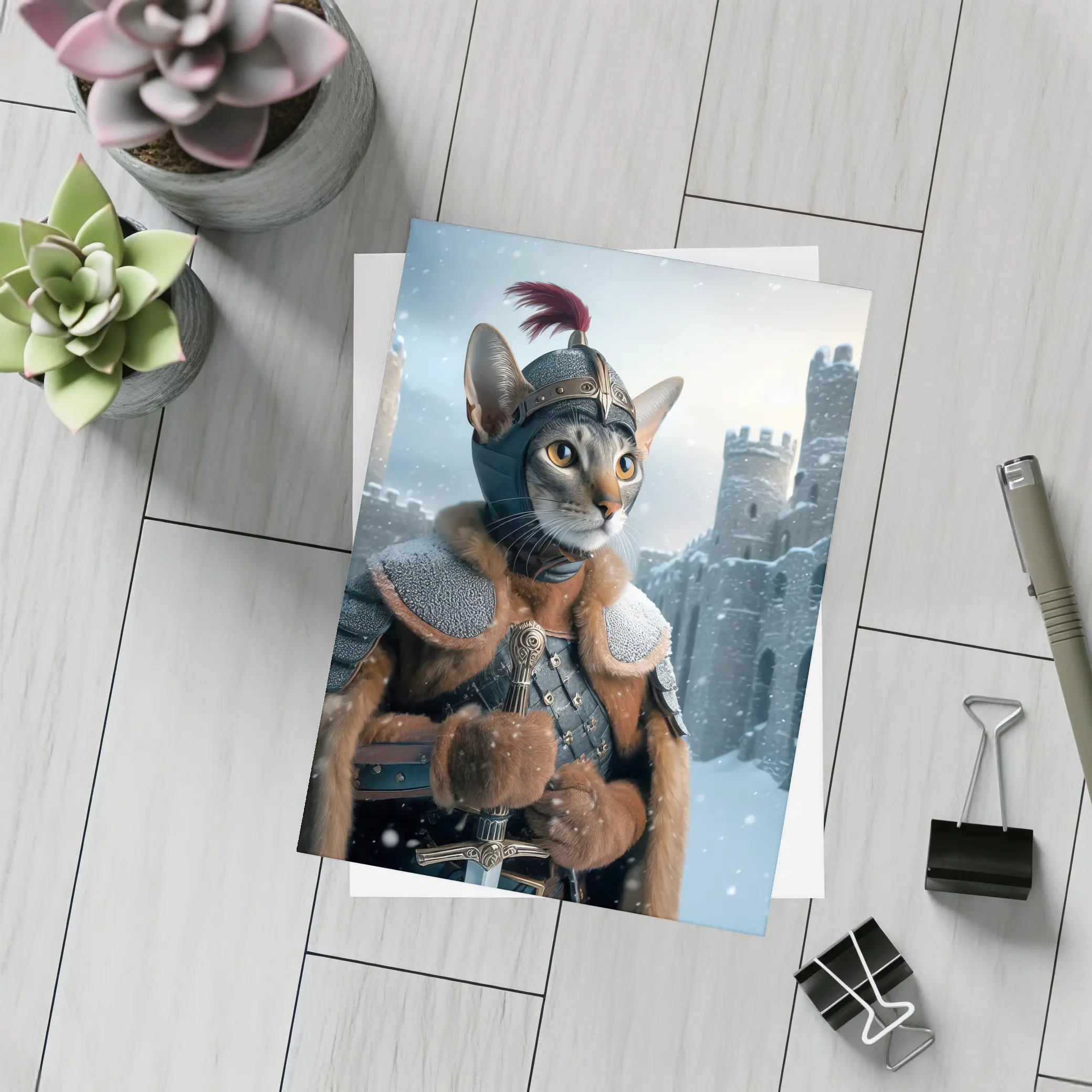 Abyssinian Cat Knight Snowy Castle Fantasy – Postcards